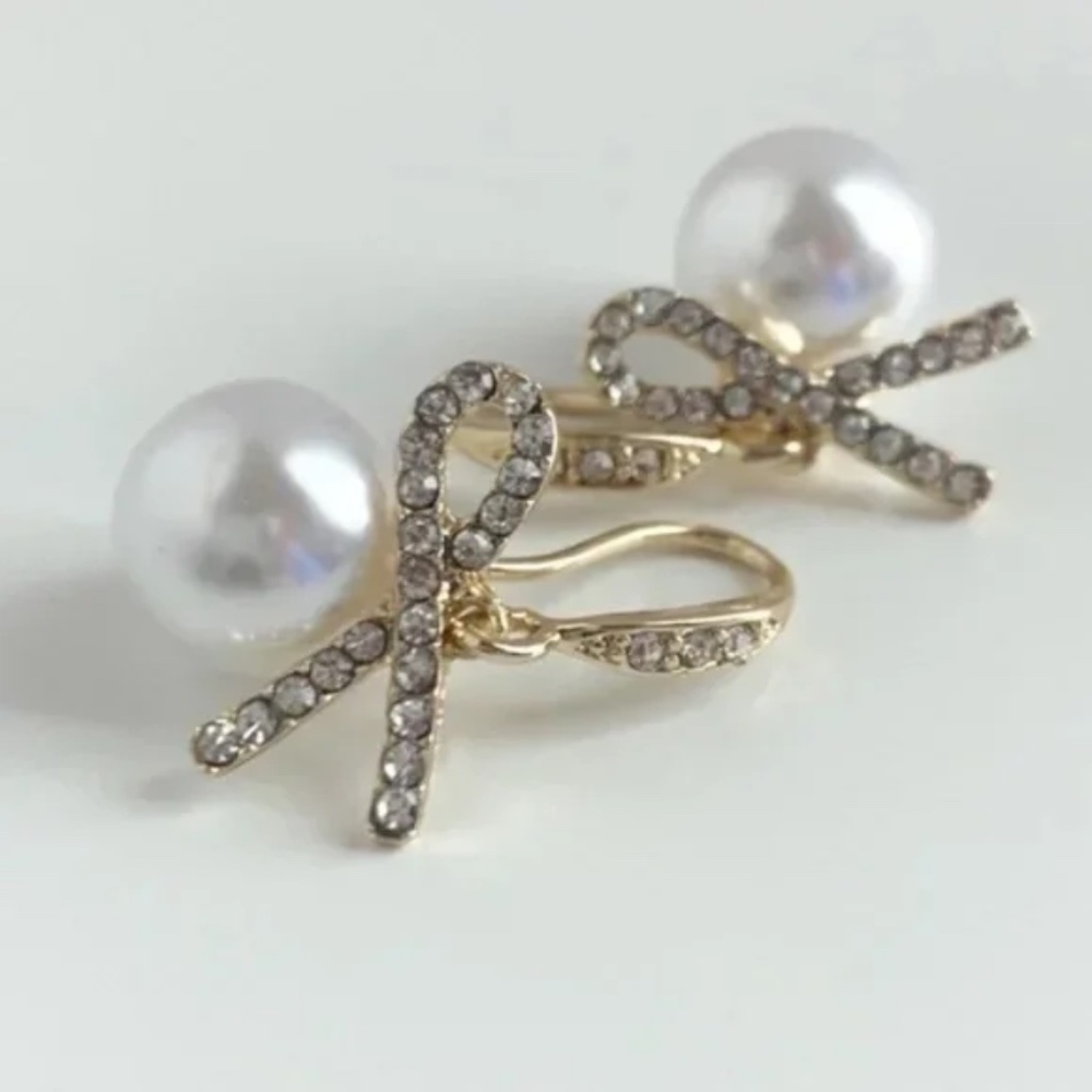 NEW Shashi Pearl Drop Earrings with Pave Bow